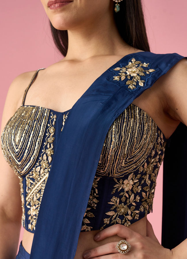 Mohey Women Indigo Blue Satin Pre Draped Saree with Cutdana Work