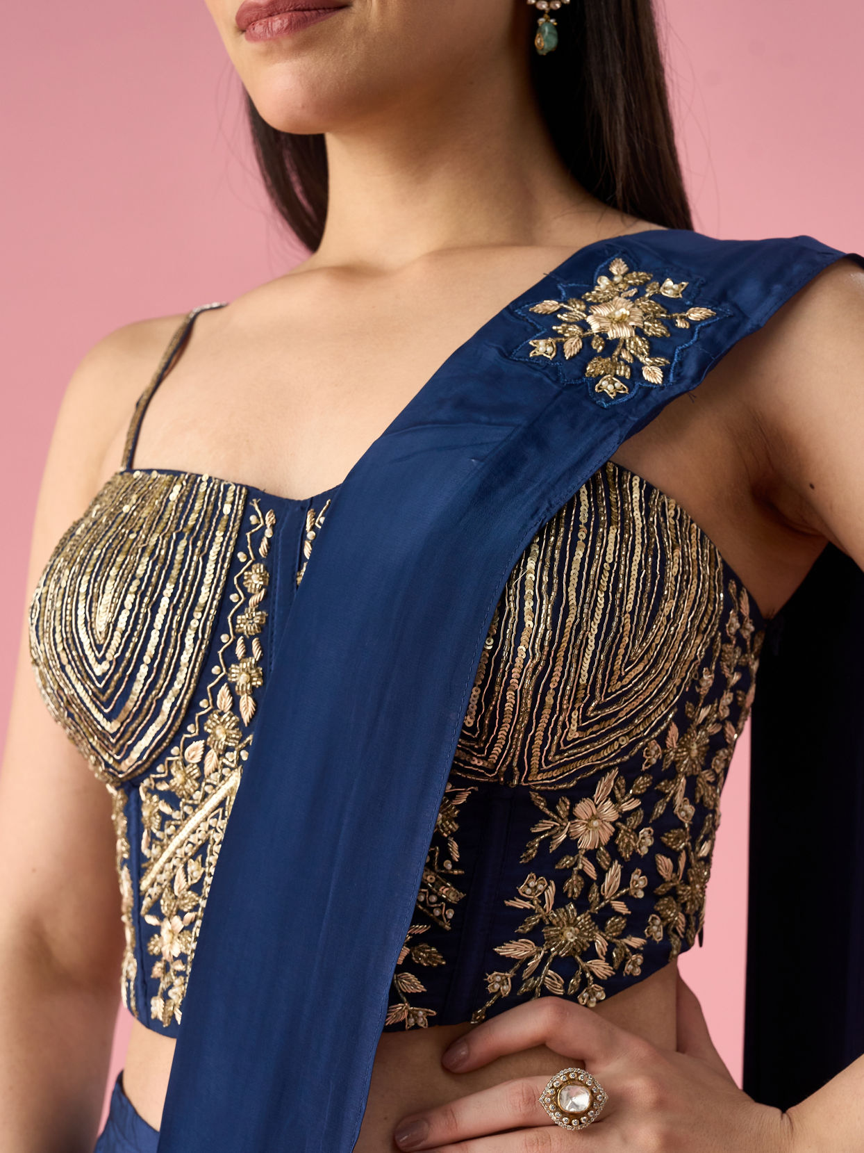 Mohey Women Indigo Blue Satin Pre Draped Saree with Cutdana Work