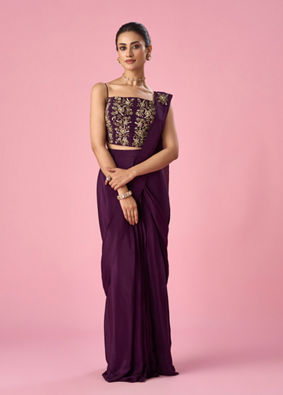 Mohey Women Wine Satin Pre Draped Saree with Moti Work