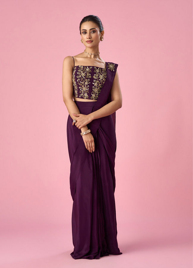 Mohey Women Wine Satin Pre Draped Saree with Moti Work