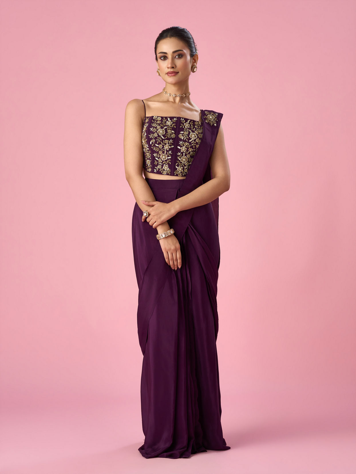 Mohey Women Wine Satin Pre Draped Saree with Moti Work