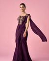 Mohey Women Wine Satin Pre Draped Saree with Moti Work