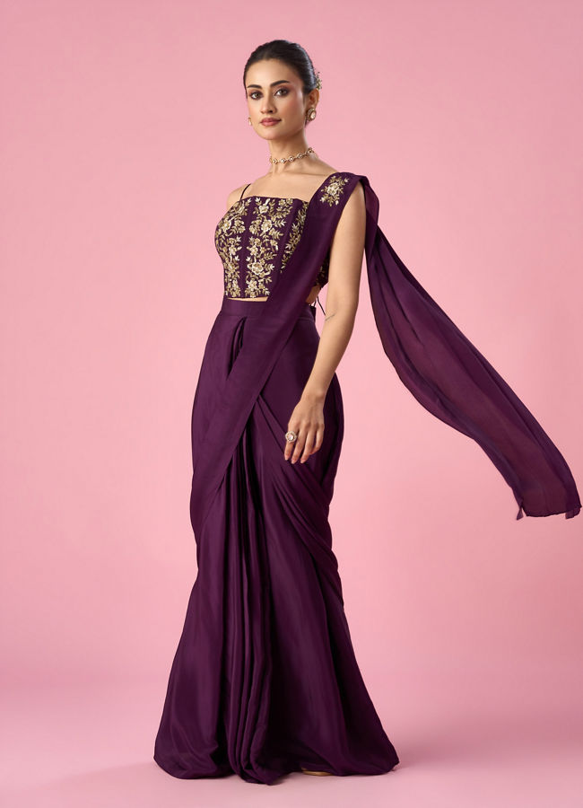 Mohey Women Wine Satin Pre Draped Saree with Moti Work