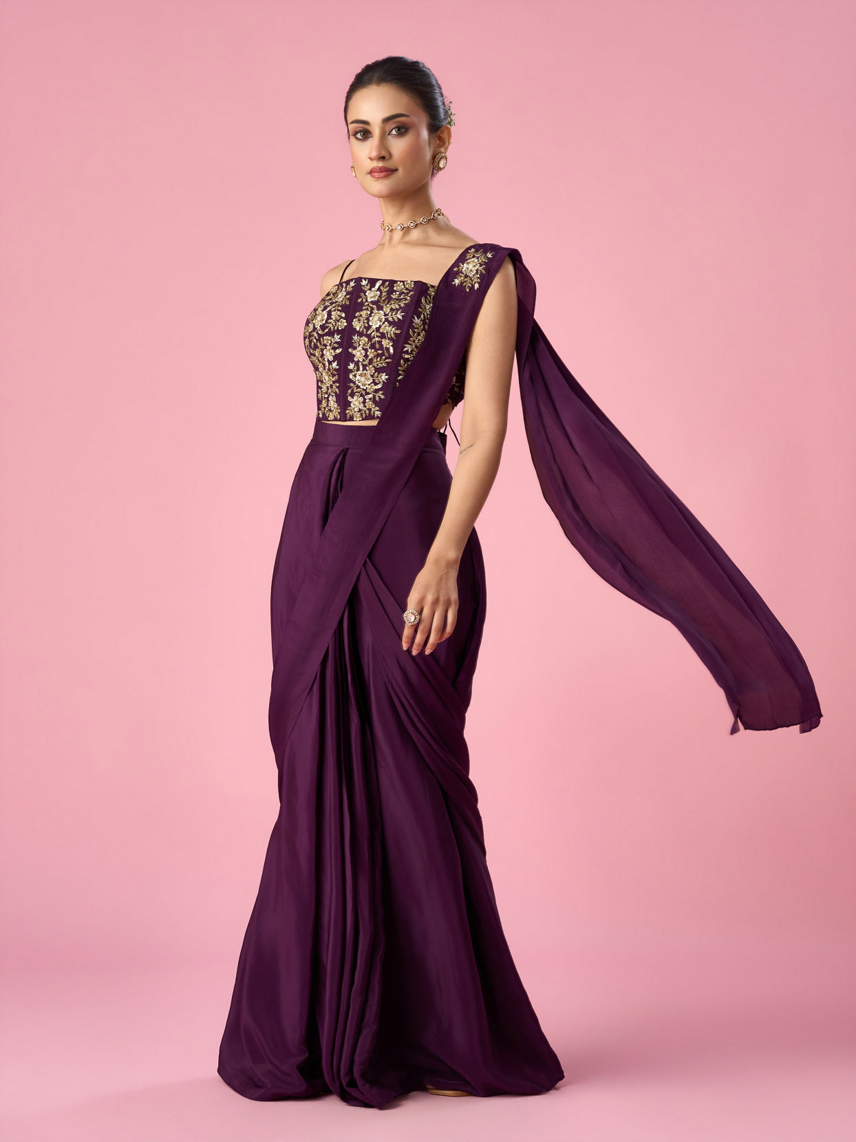 Mohey Women Wine Satin Pre Draped Saree with Moti Work