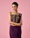 Mohey Women Wine Satin Pre Draped Saree with Moti Work