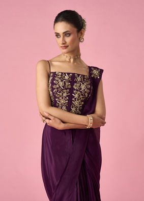 Mohey Women Wine Satin Pre Draped Saree with Moti Work