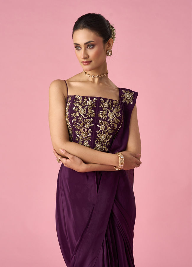 Mohey Women Wine Satin Pre Draped Saree with Moti Work