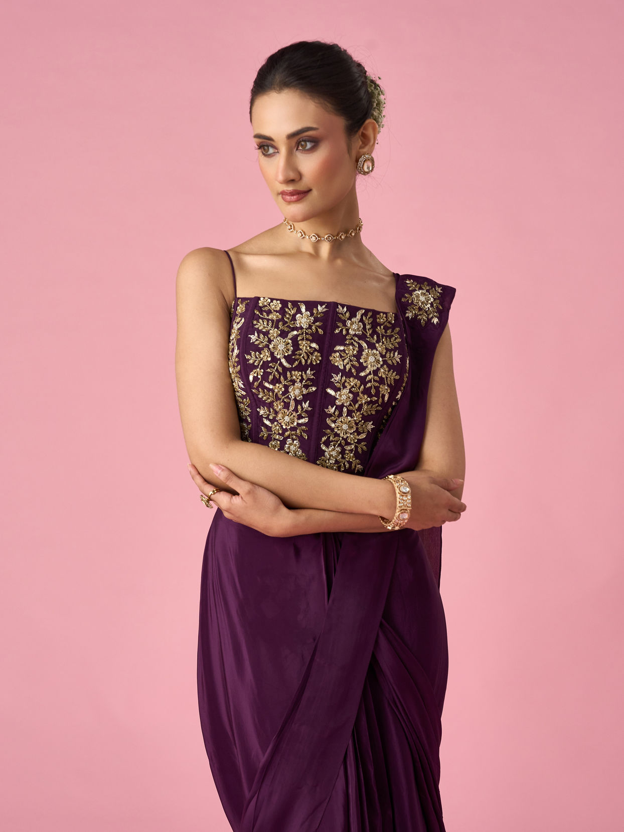 Mohey Women Wine Satin Pre Draped Saree with Moti Work