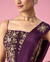 Mohey Women Wine Satin Pre Draped Saree with Moti Work