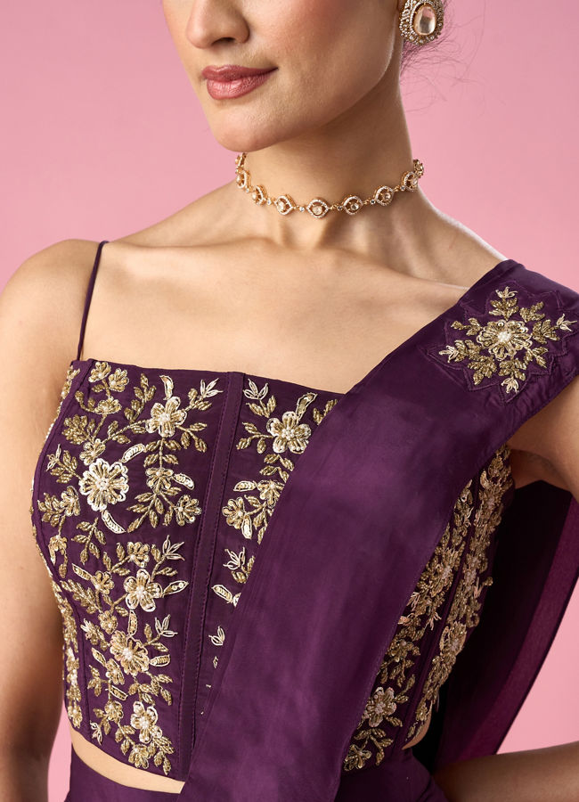 Mohey Women Wine Satin Pre Draped Saree with Moti Work