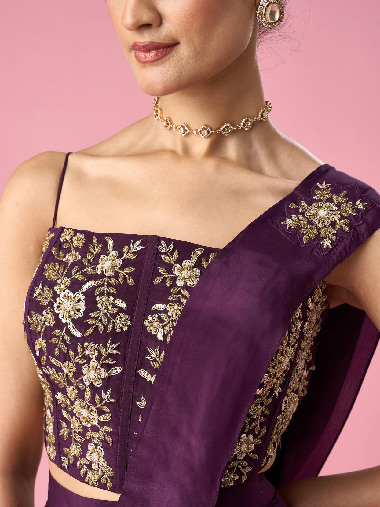 Mohey Women Wine Satin Pre Draped Saree with Moti Work