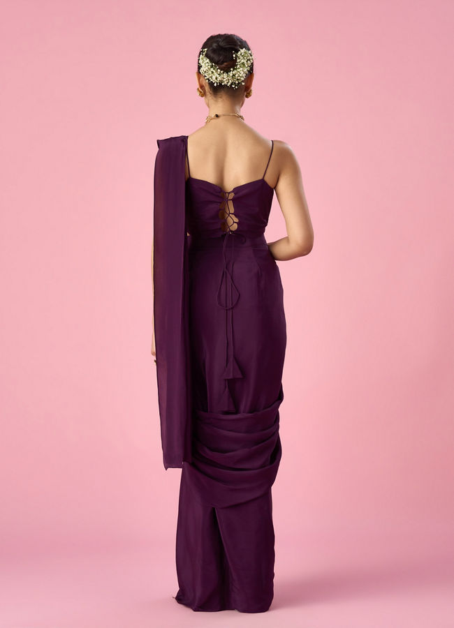 Mohey Women Wine Satin Pre Draped Saree with Moti Work