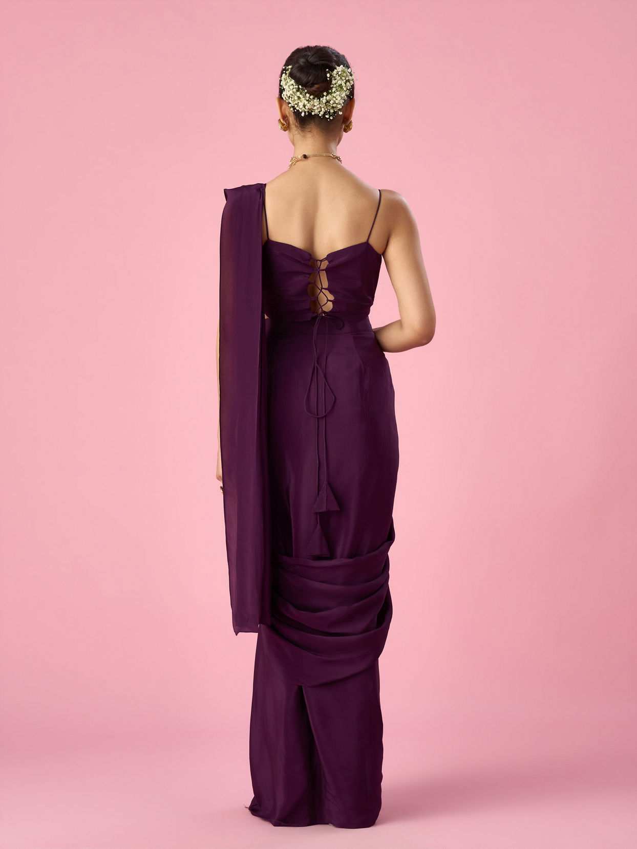 Mohey Women Wine Satin Pre Draped Saree with Moti Work