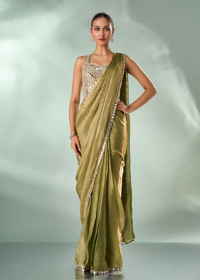 Mohey Women Green Organza Saree with Mirror Work