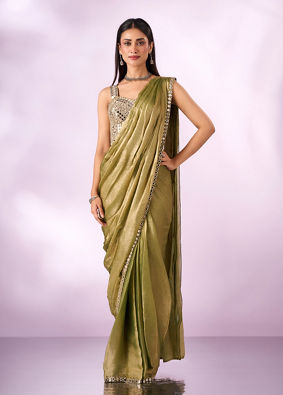 Mohey Women Green Organza Saree with Mirror Work