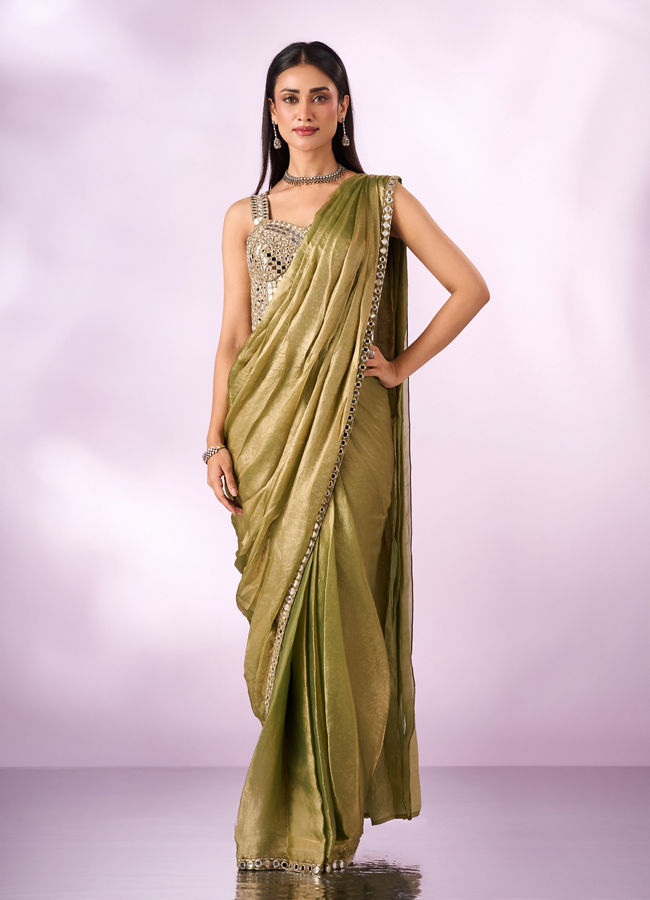 Mohey Women Green Organza Saree with Mirror Work