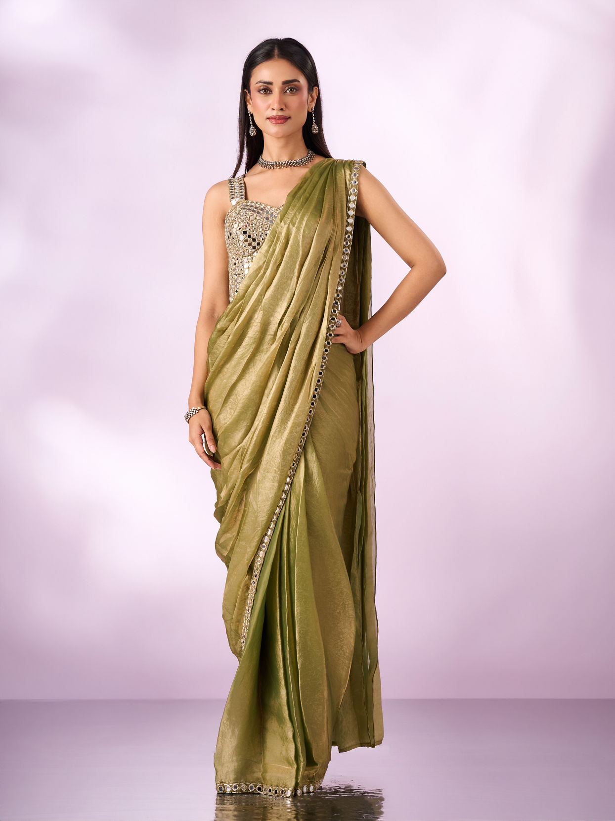 Mohey Women Green Organza Saree with Mirror Work