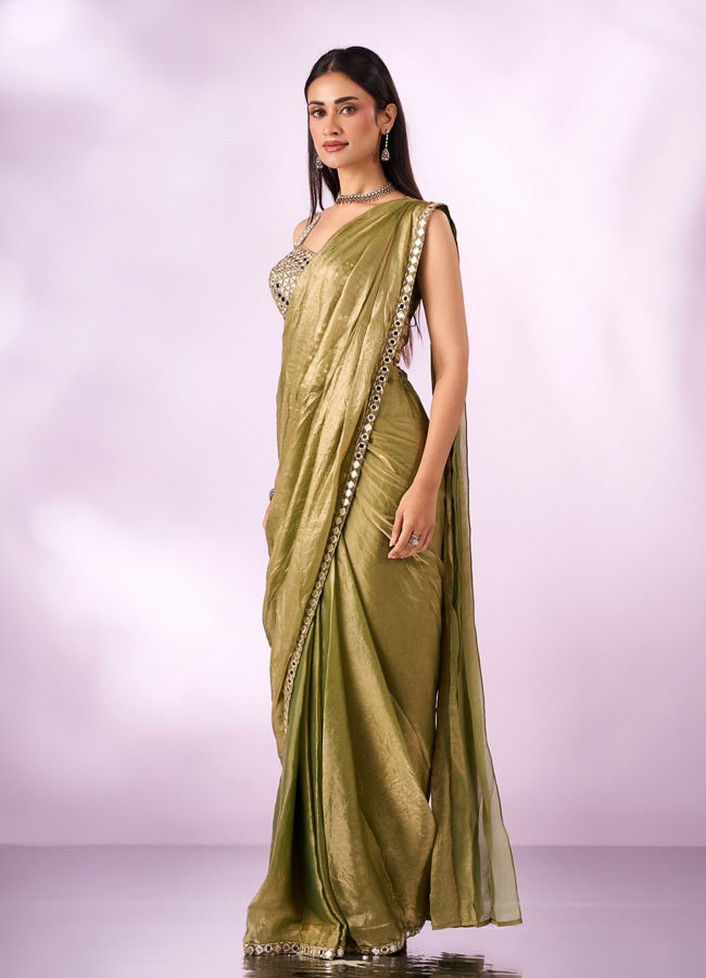Mohey Women Green Organza Saree with Mirror Work