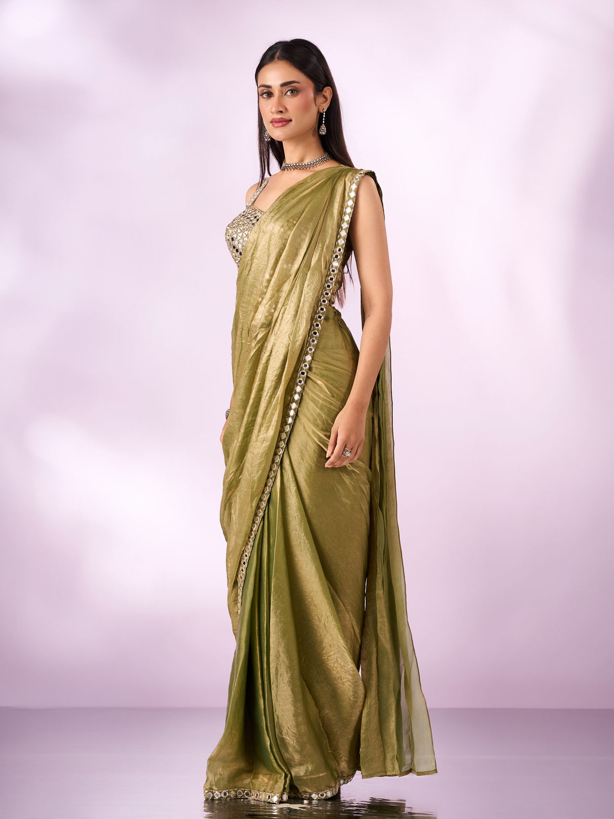 Mohey Women Green Organza Saree with Mirror Work