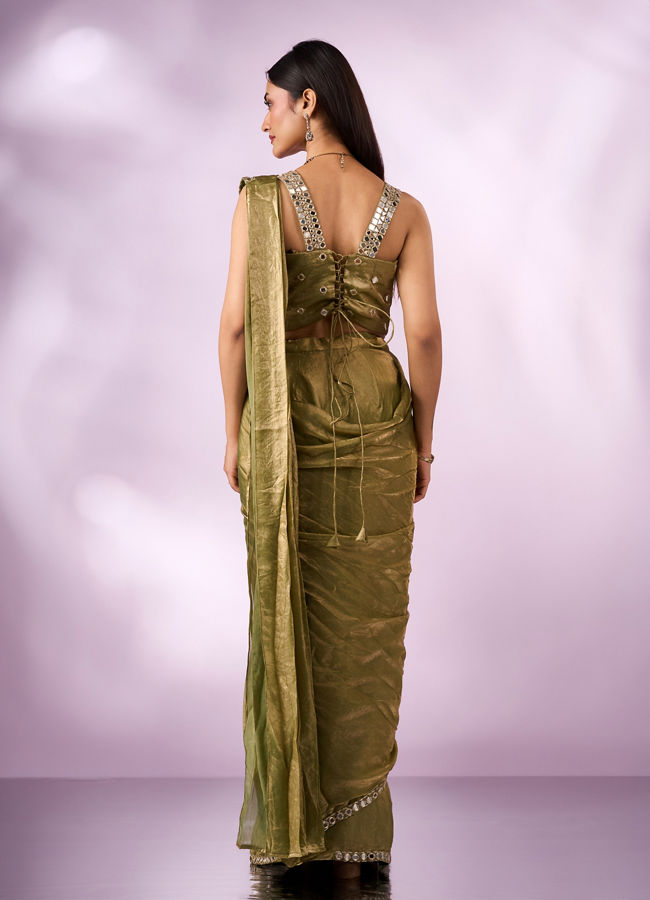 Mohey Women Green Organza Saree with Mirror Work