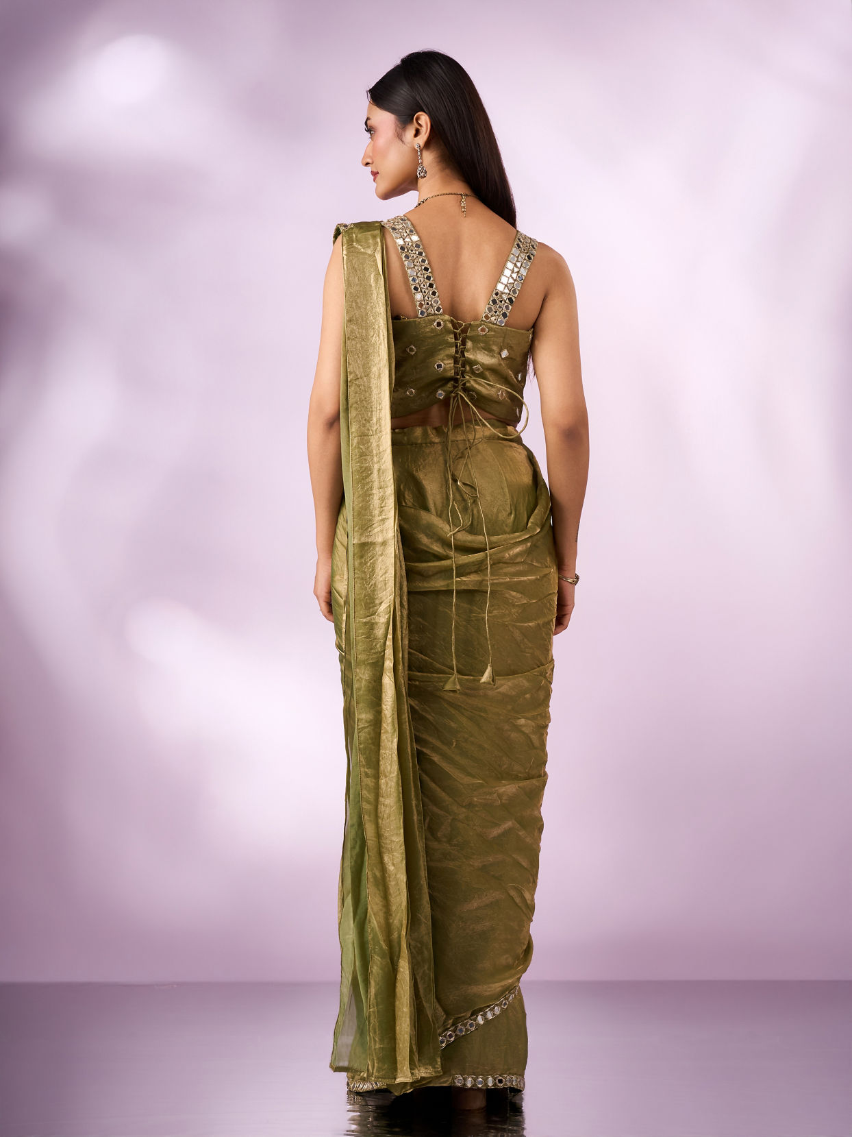 Mohey Women Green Organza Saree with Mirror Work