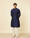 Manyavar Men Dark Blue Sequined Embroidered Bel Buti Patterned Kurta Set