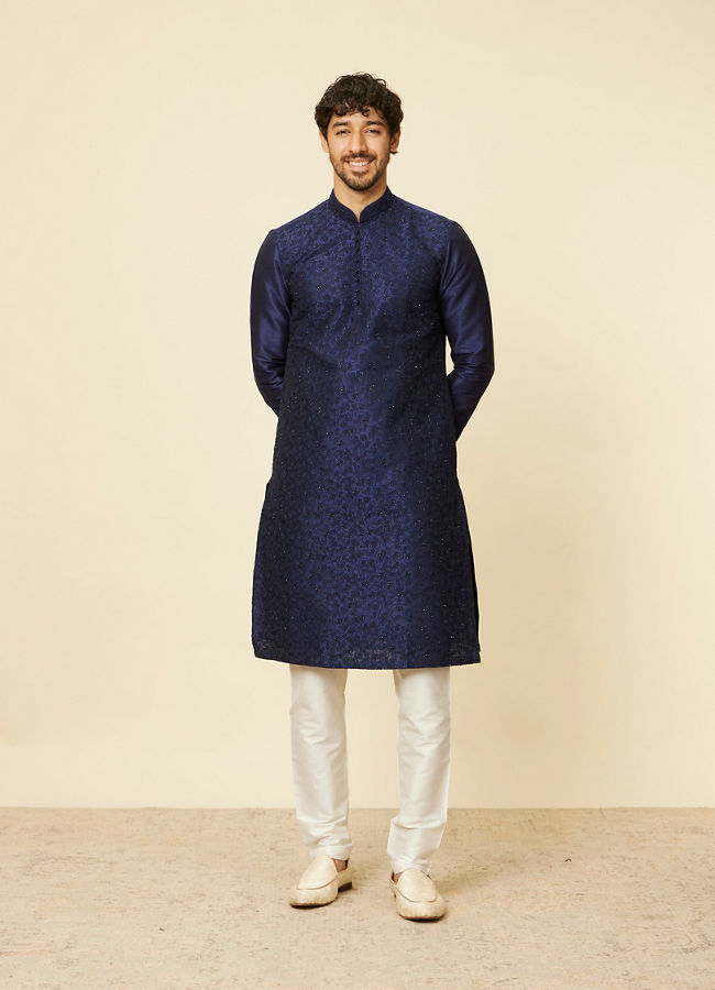 alt message - Manyavar Men Dark Blue Sequined Embroidered Bel Buti Patterned Kurta Set image number 2