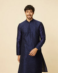 Manyavar Men Dark Blue Sequined Embroidered Bel Buti Patterned Kurta Set