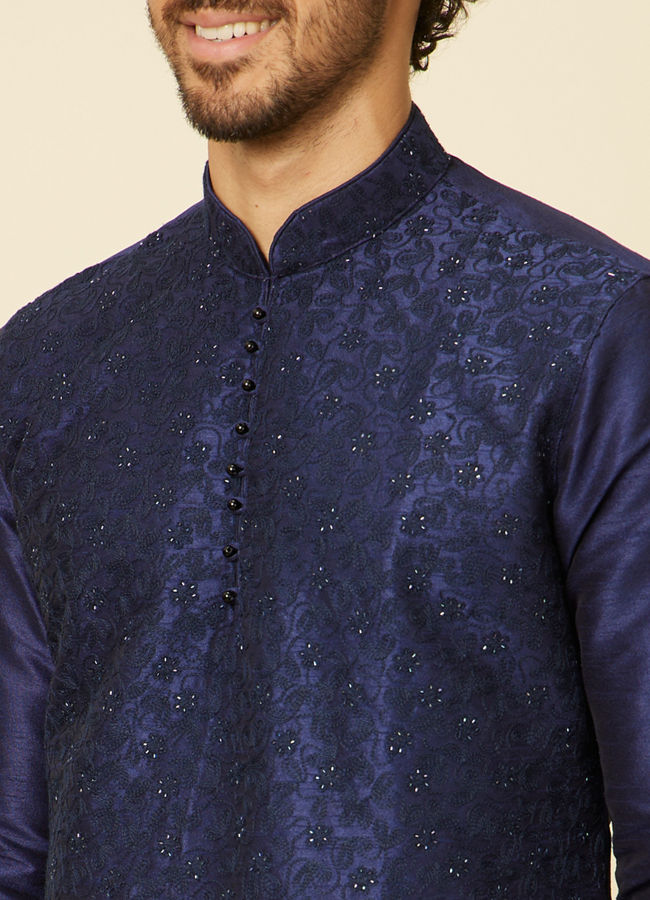 alt message - Manyavar Men Dark Blue Sequined Embroidered Bel Buti Patterned Kurta Set image number 1