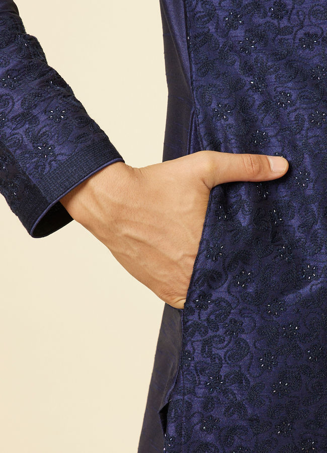 Manyavar Men Dark Blue Sequined Embroidered Bel Buti Patterned Kurta Set