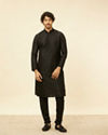Manyavar Men Charcoal Black Bel Buti Patterned Kurta Set