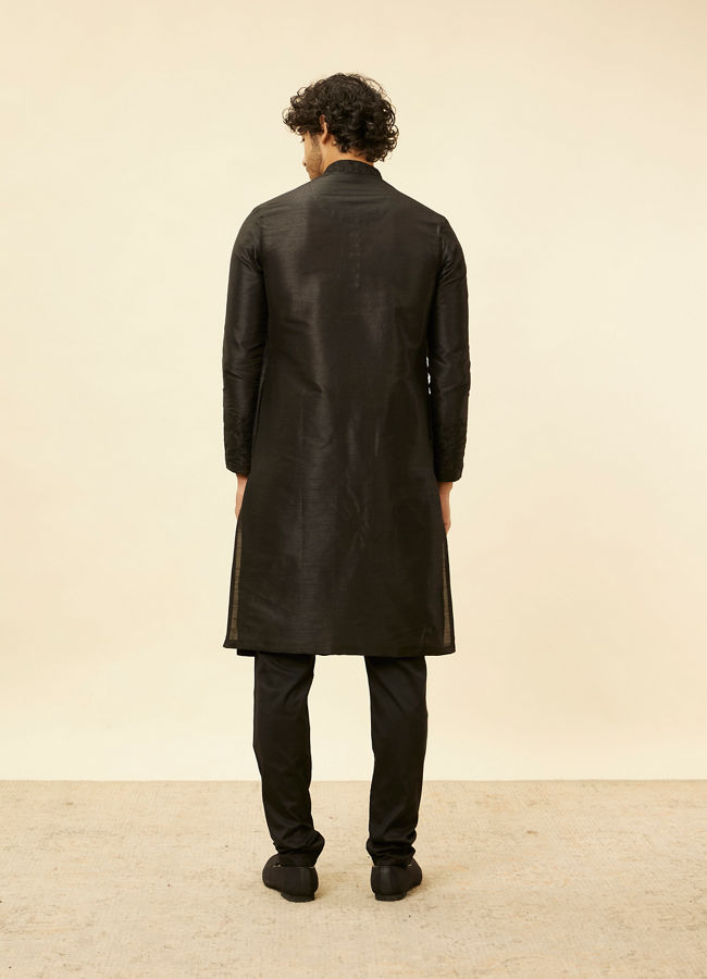 Manyavar Men Charcoal Black Bel Buti Patterned Kurta Set