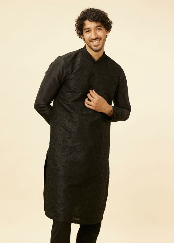 Manyavar Men Charcoal Black Bel Buti Patterned Kurta Set