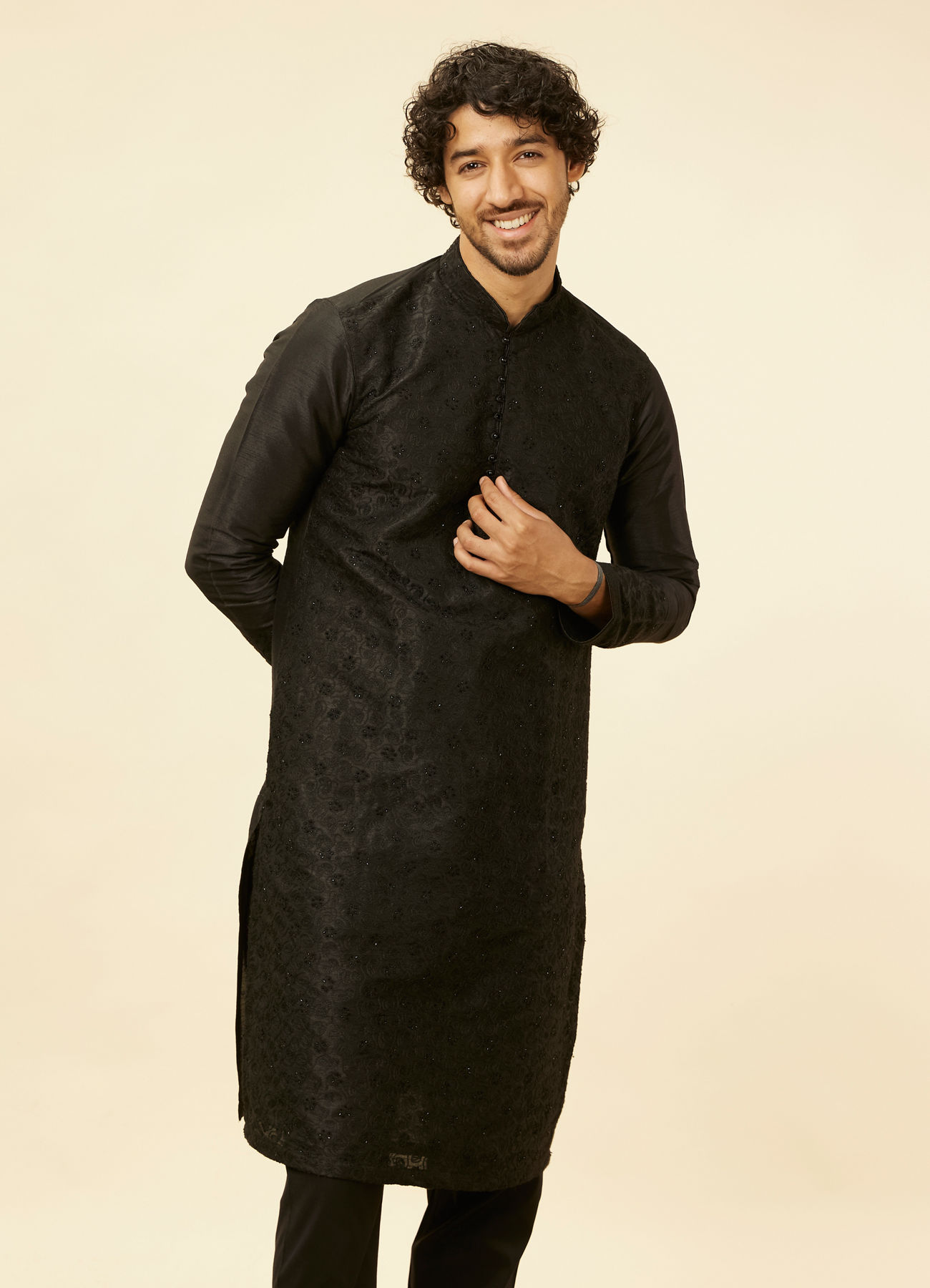 Manyavar Men Charcoal Black Bel Buti Patterned Kurta Set