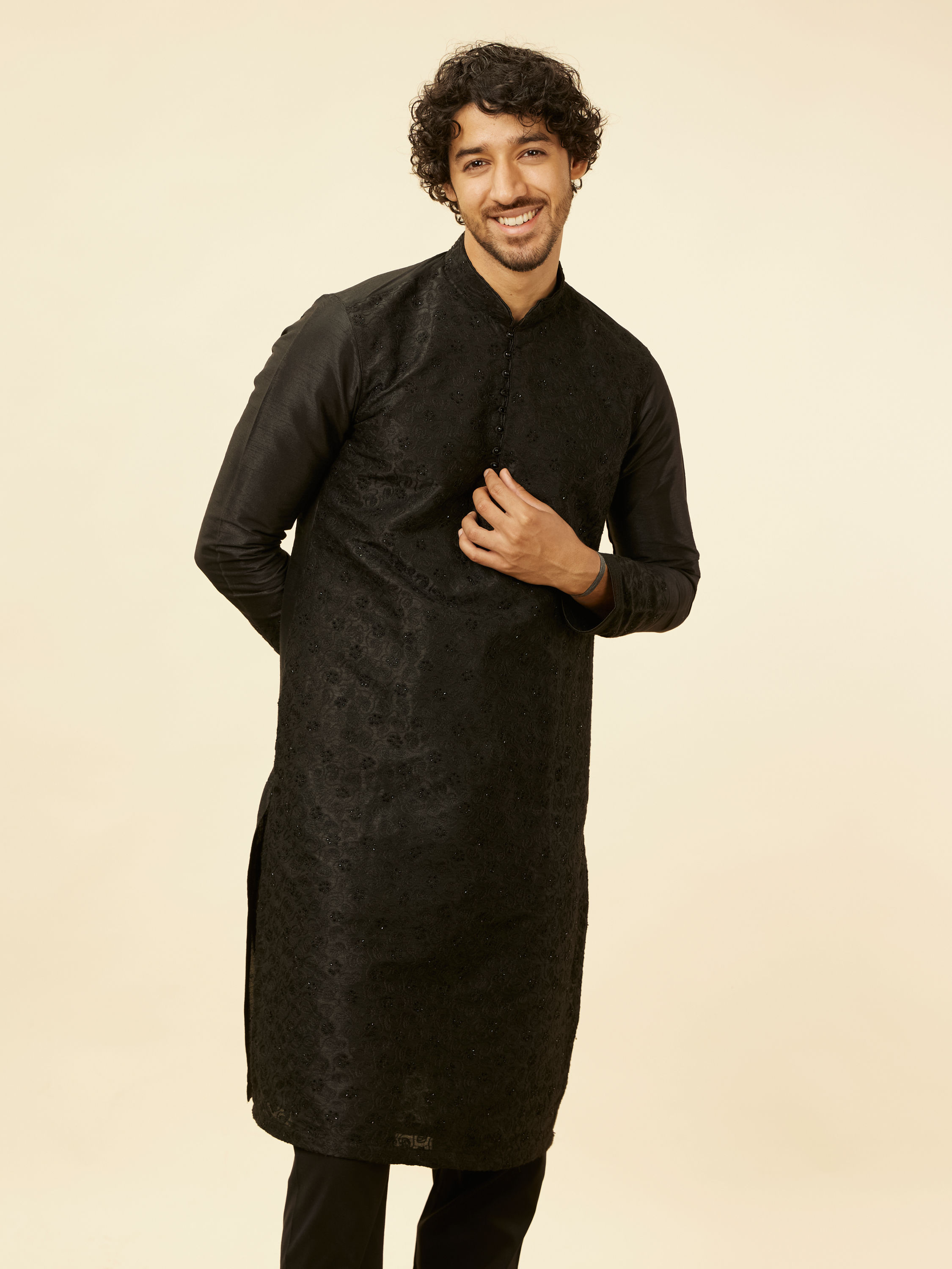 Manyavar Men Charcoal Black Bel Buti Patterned Kurta Set