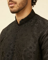 Manyavar Men Charcoal Black Bel Buti Patterned Kurta Set