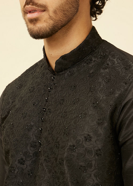 Manyavar Men Charcoal Black Bel Buti Patterned Kurta Set