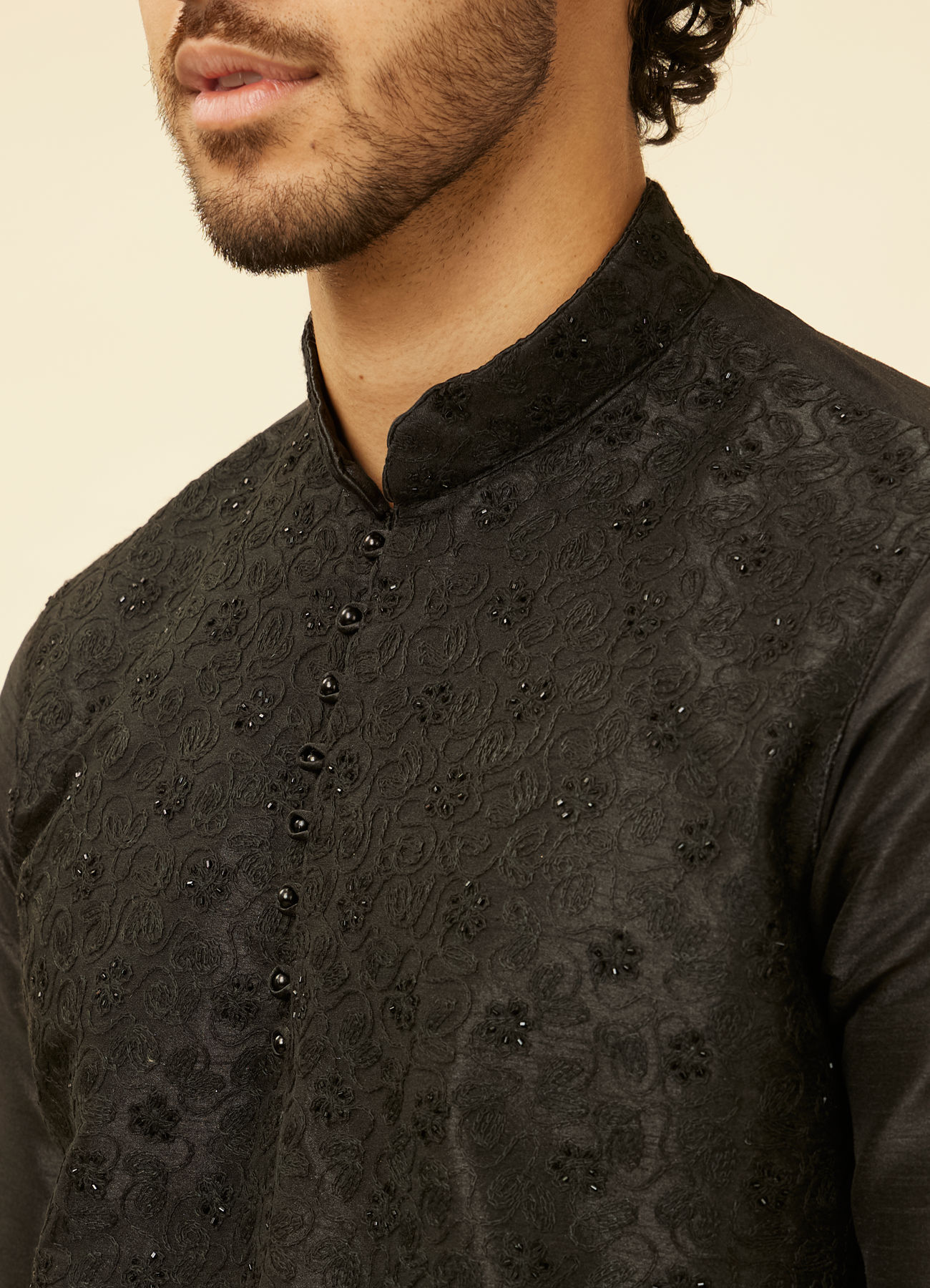 Manyavar Men Charcoal Black Bel Buti Patterned Kurta Set