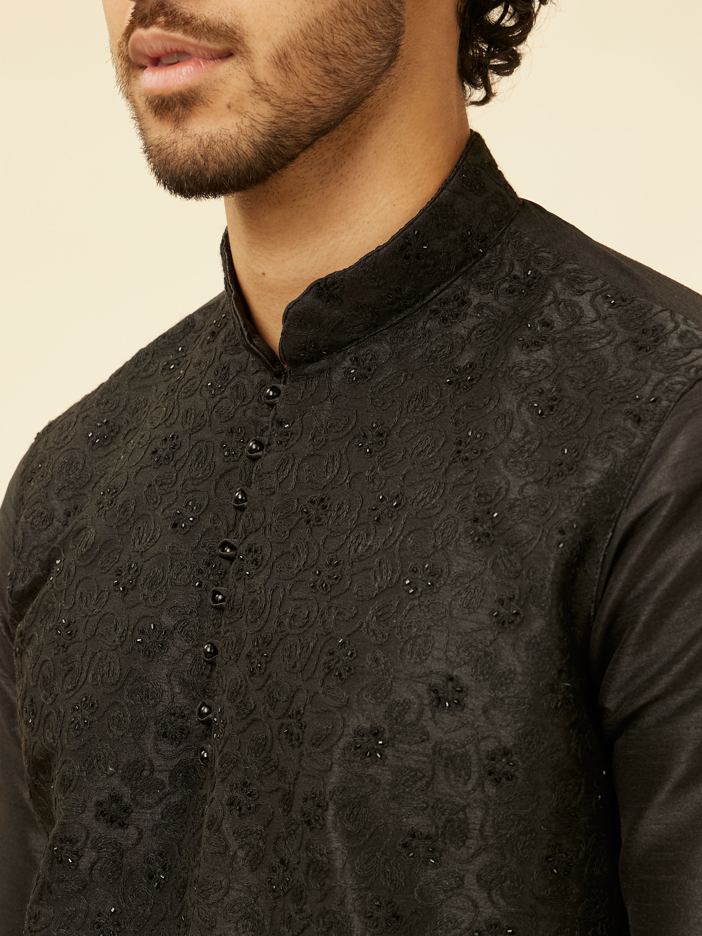 Manyavar Men Charcoal Black Bel Buti Patterned Kurta Set