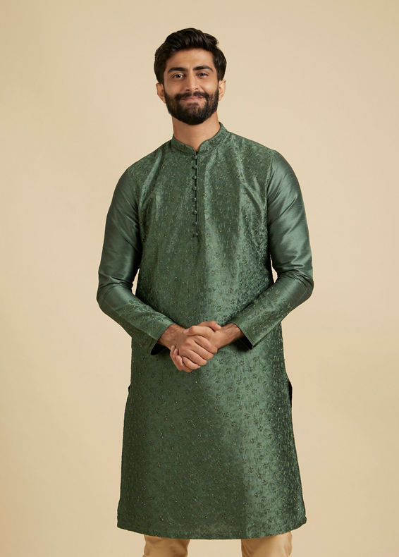 Manyavar Men Forest Green Sequinned Embroidered Bel Buti Patterned Kurta Set