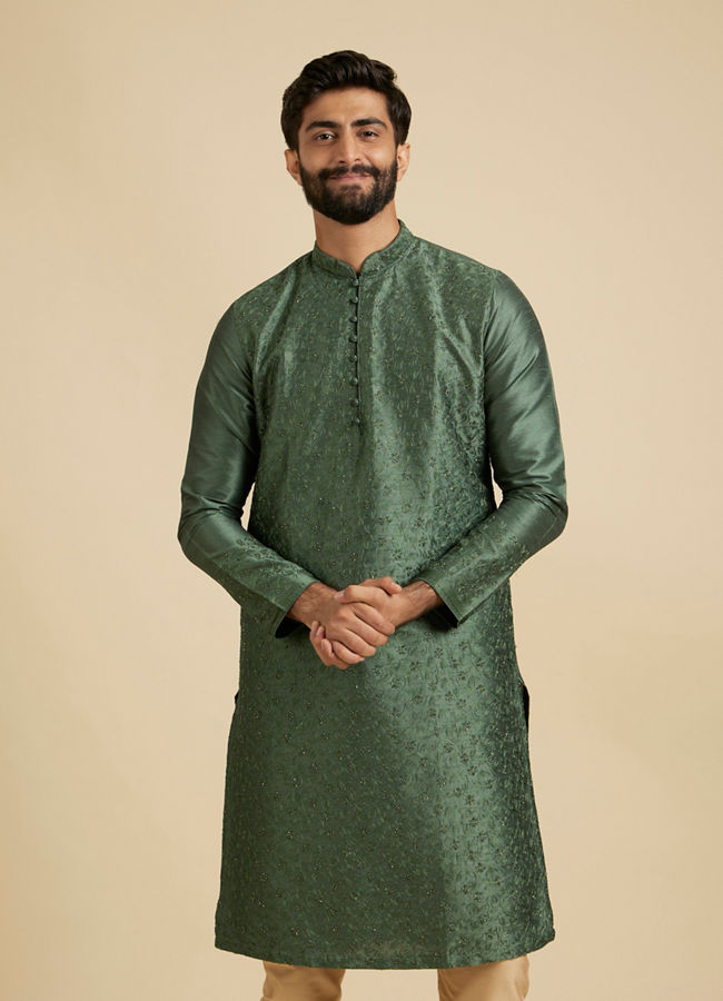 Manyavar Men Forest Green Sequinned Embroidered Bel Buti Patterned Kurta Set