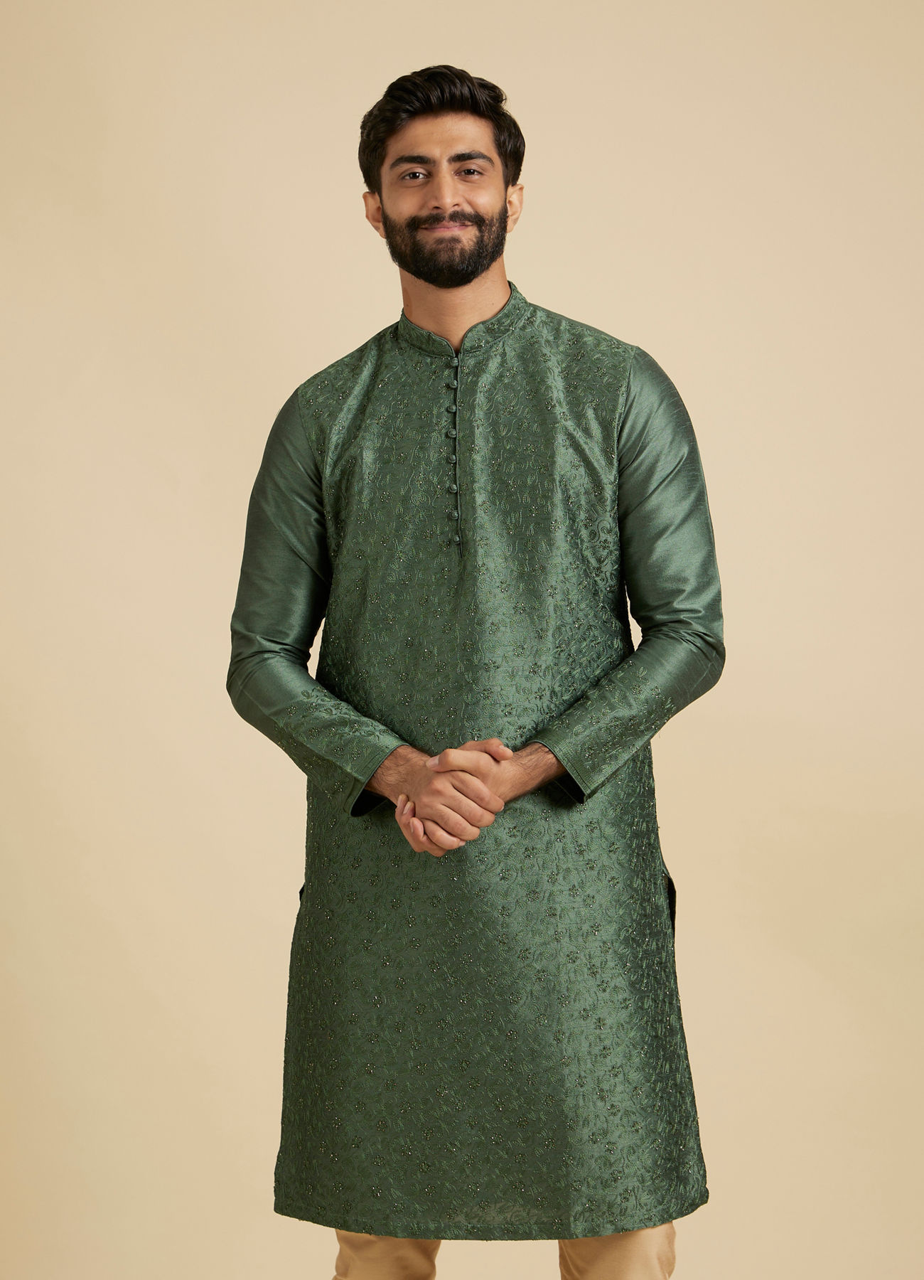 Manyavar Men Forest Green Sequinned Bel Buti Patterned Kurta Set