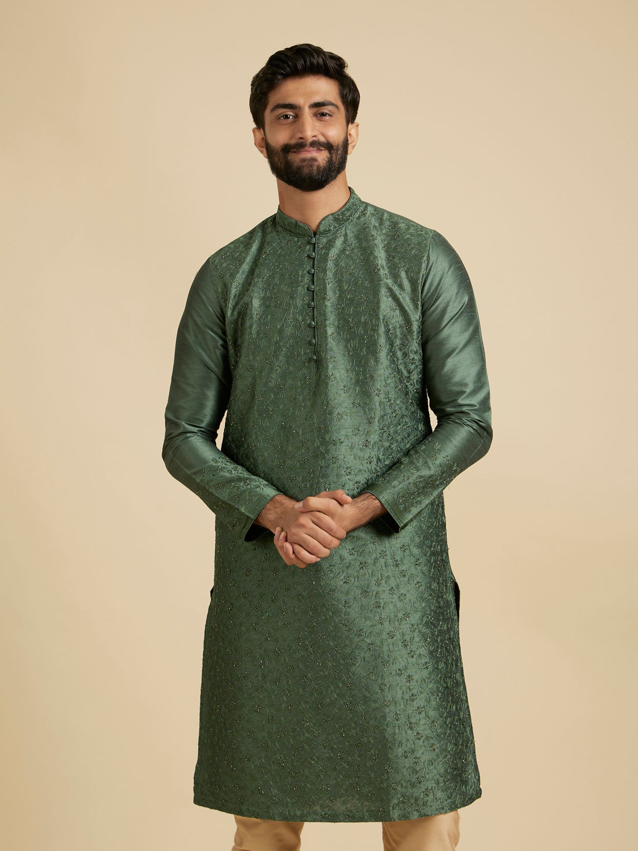 Manyavar Men Forest Green Sequinned Embroidered Bel Buti Patterned Kurta Set