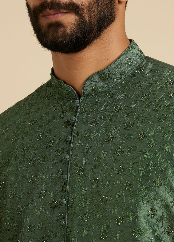 Manyavar Men Forest Green Sequinned Embroidered Bel Buti Patterned Kurta Set