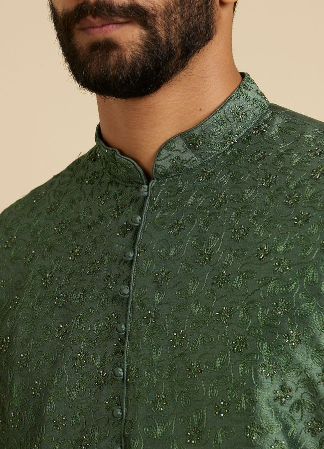 Manyavar Men Forest Green Sequinned Embroidered Bel Buti Patterned Kurta Set