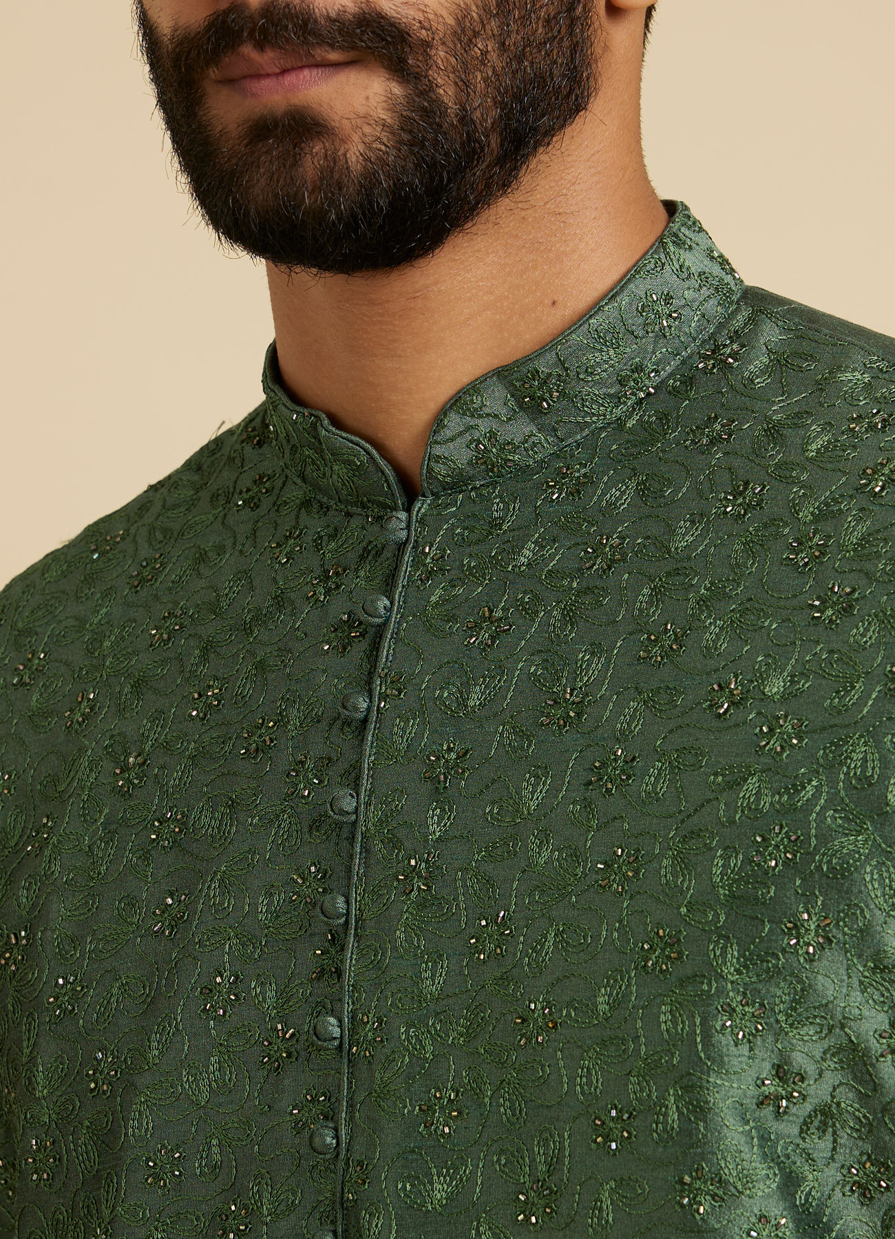 Manyavar Men Forest Green Sequinned Bel Buti Patterned Kurta Set