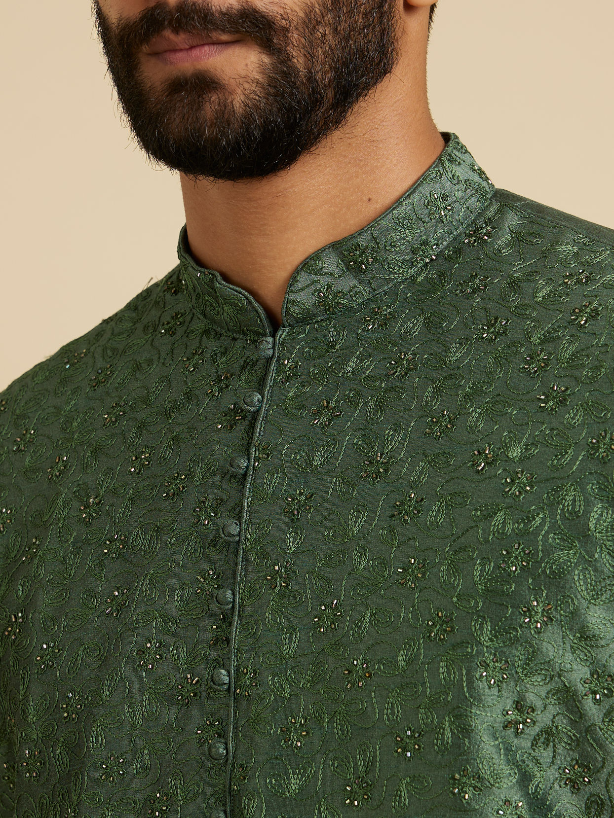 Manyavar Men Forest Green Sequinned Embroidered Bel Buti Patterned Kurta Set