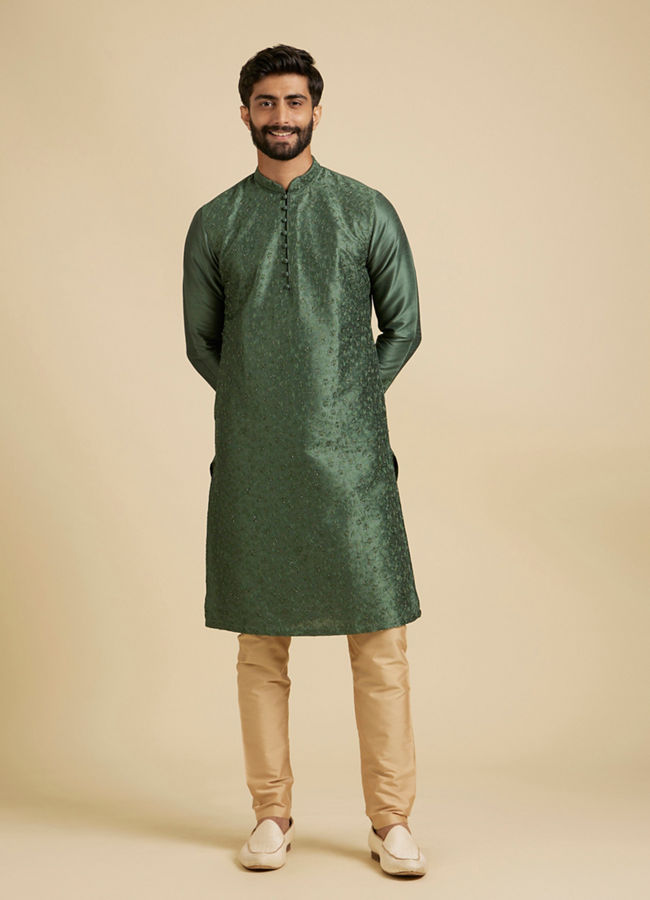 Manyavar Men Forest Green Sequinned Embroidered Bel Buti Patterned Kurta Set