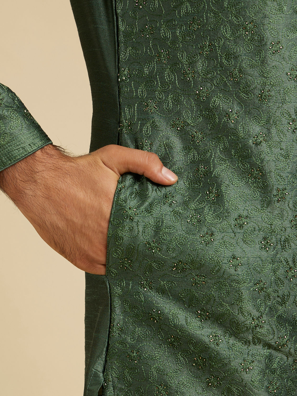 Manyavar Men Forest Green Sequinned Embroidered Bel Buti Patterned Kurta Set