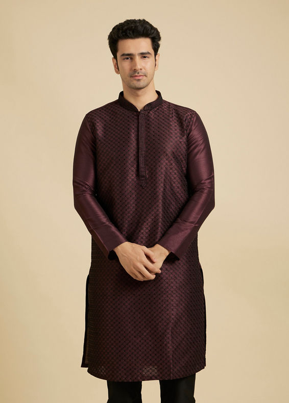 Manyavar Men Wine Self Design Kurta With Black Churidar